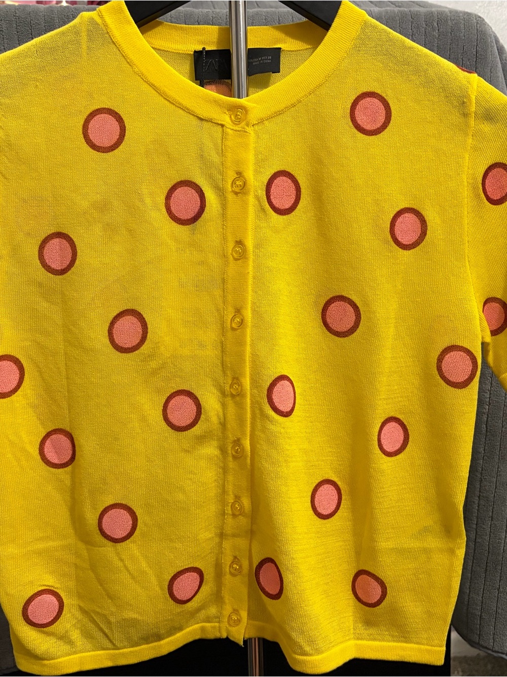 Zara Yellow Button-Front Cardigan with Pink Polka Dots